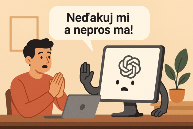 Ilustrácia, kde antropomorfizovaný monitor s logom ChatGPT dvíha ruku a hovorí používateľovi: „Neďakuj mi a nepros ma!“ Zmätený muž so zloženými rukami sedí pred počítačom v domácom prostredí.